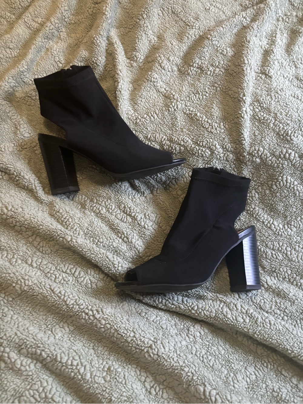 BAMBOO Black Peep-Toe Sock Ankle Boots with Block Heel